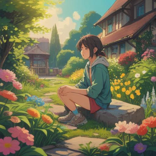 A serene moment of reflection, a person sitting cross-legged in a peaceful garden, surrounded by blooming flowers and gentle sunlight, practicing mindfulness, deep breathing techniques, a calm expression on their face, soft breeze rustling leaves, in a tranquil atmosphere, nature's harmony, 4k