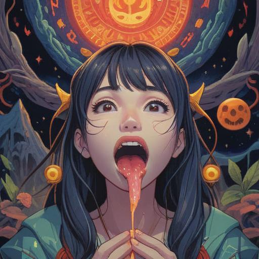 A mystical illustration depicting a person's tongue with a prominent mole, surrounded by ethereal symbols of spirituality and good fortune, soft glowing lights in the background, vibrant colors reflecting positive energy, intricate details on the tongue and mole, serene facial expression, elements of nature like flowers and butterflies, creating a harmonious atmosphere, 4k