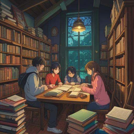 A visually compelling depiction of a gathering of diverse individuals sharing ideas, a large table filled with books and notepads, vibrant atmosphere, collaboration and teamwork, people actively discussing and exchanging thoughts, bright lighting, focused expressions, 4k