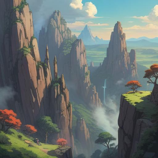 A breathtaking cliff landscape, towering rock formations, ethereal light emanating from the summit, symbolism of spiritual awakening, serene atmosphere, mist enveloping the cliffs, vibrant colors during sunset, tranquil reflection in water below, harmonious connection with nature, 4k