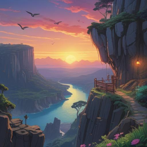 A breathtaking cliff overlooking a serene landscape, ethereal glow surrounding the edges, a mystical aura in the air, birds soaring gracefully, subtle hints of light breaking through clouds, calming atmosphere, signs of hope and positivity, vibrant greenery at the cliff's base, 4k