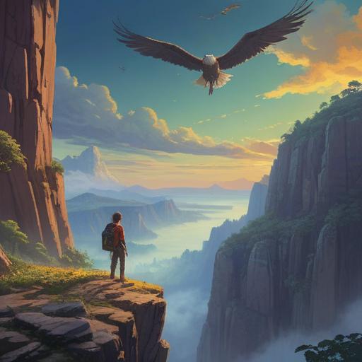 A serene landscape depicting a person standing at the edge of a steep cliff, surrounded by ethereal light, symbolic animals like eagles soaring in the sky, the presence of vibrant natural elements like flowers and trees, various spiritual symbols subtly integrated in the scene, a sense of reflection and connection to the universe, tranquil atmosphere, high detail, 4k