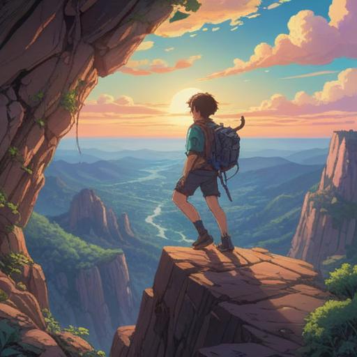 A courageous character climbing a steep cliff, determination in their eyes, surrounded by breathtaking scenery, vibrant sky on the horizon, dynamic pose capturing the struggle, encouraging symbols of luck in the environment, a sense of adventure and triumph, 4k