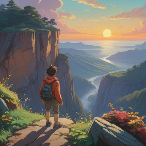 A person standing at the edge of a steep cliff, contemplating the challenges ahead, determined expression, bright sunlight breaking through clouds, motivational quotes engraved in the rocks, panoramic view of a vast landscape below, symbolizing overcoming obstacles, vibrant colors, inspiring atmosphere, 4k