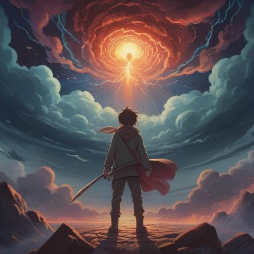 A dramatic scene depicting a person on the brink of despair, surrounded by swirling dark clouds, ethereal light breaking through, symbolic imagery representing hope and resilience, spiritual elements intertwined with nature, a sense of urgency and tension, vivid colors contrasting with shadows, emotional expression on the character's face, 4k