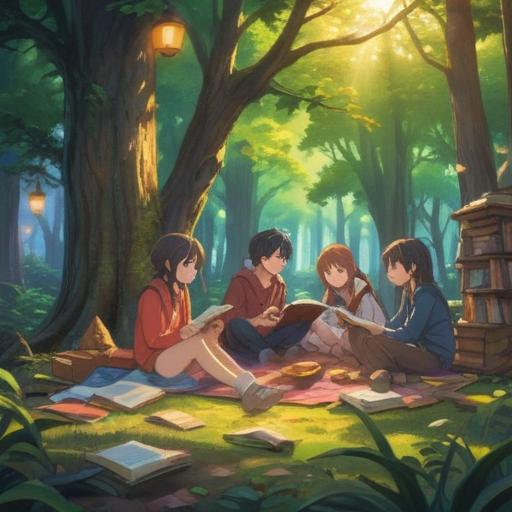 A serene gathering of friends sharing stories, warm sunlight filtering through trees, relaxed and happy expressions, various books and notes scattered around, a picnic setup with vibrant refreshments, harmonious atmosphere, 4k