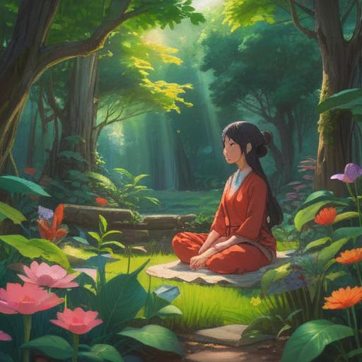 A serene landscape symbolizing spiritual abundance, a person meditating in a peaceful garden surrounded by flourishing plants, soft sunlight filtering through the leaves, harmonious balance between nature and simplicity, symbolic representations of savings like coins transforming into butterflies, calming colors, tranquil atmosphere, 4k