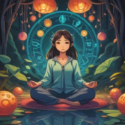 A serene illustration depicting an individual meditating in a tranquil setting, surrounded by symbols of harmony, subtle energy waves, glowing aura, coins gently falling around as a metaphor for financial awareness, soft light filtering through trees, peaceful expression, emphasizing mindfulness and financial wisdom, 4k