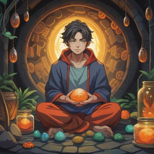 A serene scene depicting a person meditating with a lucky stone in hand, surrounded by elements symbolizing savings, such as coin jars and budgeting books, soft natural light filtering through trees, a peaceful atmosphere, harmony between material wealth and spiritual prosperity, inviting colors, attention to detail in the lucky stone's texture, 4k