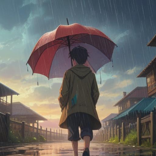 A serene and contemplative scene, a person standing under a rain-soaked sky, looking up towards the heavens, an open umbrella lying forgotten on the ground, symbolic of lost opportunities, gentle raindrops falling, ethereal light breaking through clouds, a sense of awakening and self-discovery, soft focus, tranquil atmosphere, 4k