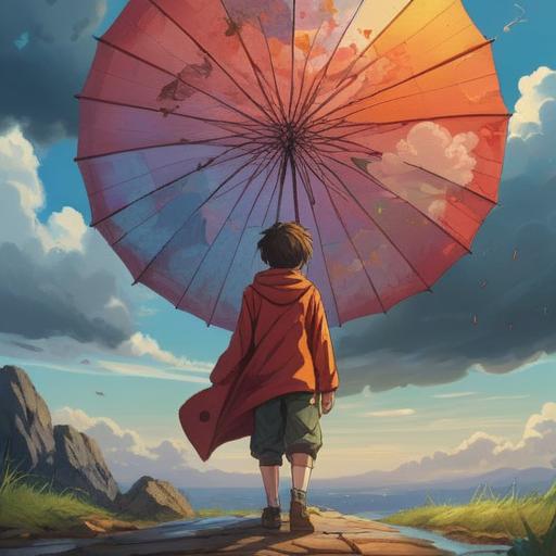 A serene and reflective scene, a person standing under a cloudy sky, looking thoughtfully at the ground where a folded umbrella lies abandoned, soft rays of sunlight breaking through the clouds, symbolizing hope and guidance, tranquil expression on their face, nature surrounding them, gentle breeze, uplifting atmosphere, spiritual symbolism, 4k