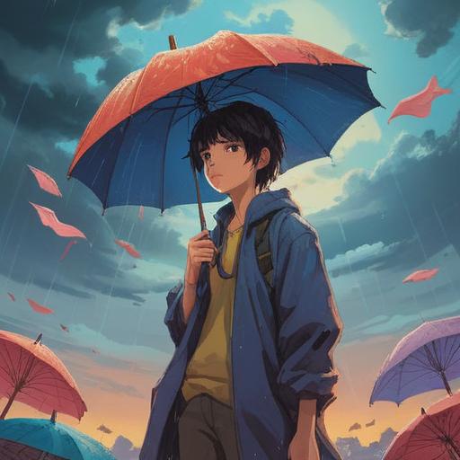 A serene and mystical illustration depicting a person looking bewildered under a cloudy sky, holding a folded umbrella, surrounded by symbolic elements like birds flying, a gentle breeze, shimmering light, and vague shapes representing intuition, emphasizing awareness of spiritual signs, soft focus, calming atmosphere, 4k