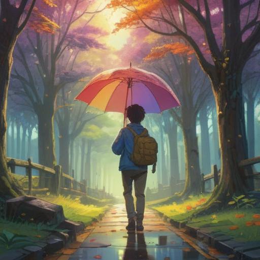 A vibrant scene depicting a person joyfully discovering a colorful lucky charm after losing their folding umbrella, bright sunlight filtering through the trees, a sense of relief and happiness, whimsical setting, surrounded by flowers and greenery, hopeful expression, magical atmosphere, 4k