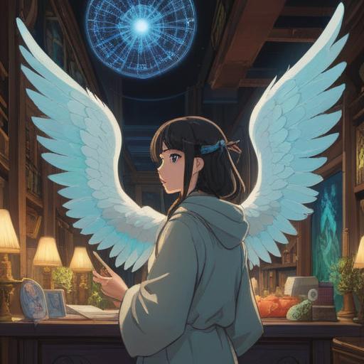 A serene and focused scene depicting a customer service representative interacting with a customer, subtle spiritual symbols like angels or auras in the background, a sense of mindfulness and presence, warm lighting emphasizing a welcoming atmosphere, attentive listening and empathy in facial expressions, symbolizing spiritual awareness in everyday interactions, 4k