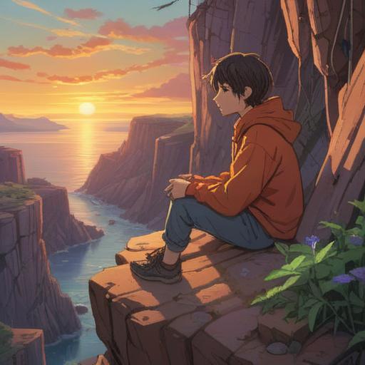 A tranquil scene depicting a person sitting on a cliff at sunset, deep in thought, surrounded by ethereal wisps of light, representing spiritual emotions, distant mountains shrouded in mist, a gentle breeze rustling through tall grass, a sense of solitude and introspection, warm hues of orange and purple in the sky, a peaceful yet poignant atmosphere, 4k