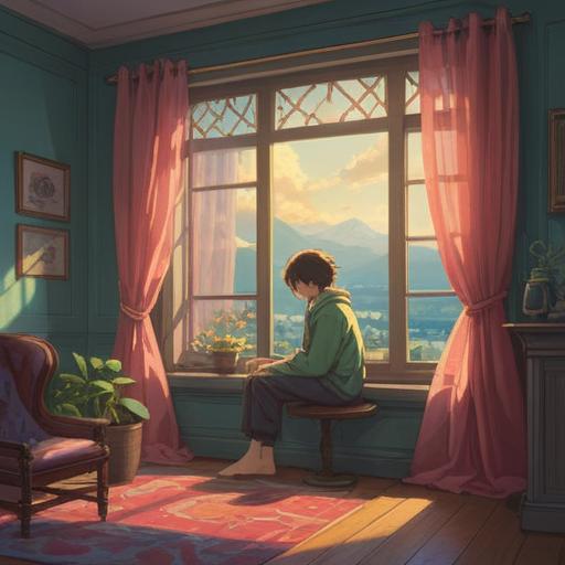 A serene scene depicting a person sitting alone by a window, looking contemplative, gentle light filtering through sheer curtains, a subtle aura around the character, symbols of guidance like feathers or shining orbs nearby, soft pastel colors, atmosphere of introspection, spiritual connection, 4k