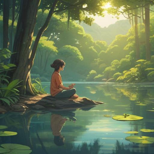 A serene scene of a person meditating by a peaceful lake, surrounded by lush greenery, soft sunlight filtering through the trees, reflective water surface symbolizing introspection, gentle breeze, calming atmosphere, vibrant wildflowers in the foreground, representing growth and self-discovery, 4k