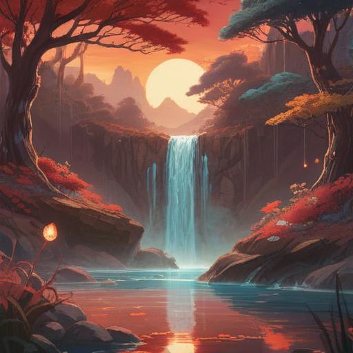 A spiritual and serene illustration featuring deep red carnelian gemstones, glowing softly with an ethereal light, surrounded by natural elements like flowing water and lush greenery, reflective surfaces to symbolize clarity and guidance, harmonious energy radiating from the stones, depicting positive signs and spiritual awakening, calming atmosphere, intricate details, 4k