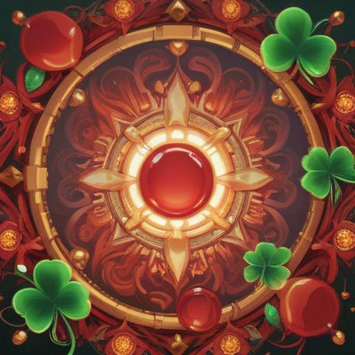 A captivating illustration of a red agate gemstone radiating vibrant energy, surrounded by various lucky charms such as four-leaf clovers, horseshoes, and traditional talismans, with a mystical aura illuminating the scene, inviting positivity and good fortune, detailed textures of the gemstone, enhancing the sense of attraction and energy flow, enchanting background with soft glittering effects, 4k