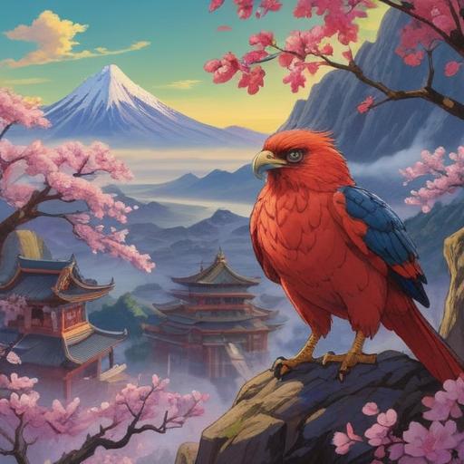 A mystical illustration of a red tengu, vibrant colors, traditional Japanese folklore elements, serene mountain landscape, cherry blossom trees in full bloom, intricate details on the tengu's attire, wise and powerful expression, ethereal glow surrounding the figure, 4k