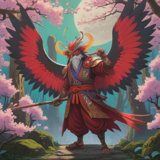 A mystical red tengu figure, elegant posture, surrounded by vibrant spiritual symbols, glowing aura, forest background filled with cherry blossoms, ethereal light filtering through the trees, representing good omens, harmonious atmosphere, detailed textures, vibrant colors, 4k