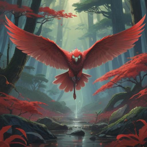 A mystical scene depicting a red tengu emerging from the mist, surrounded by ancient forest trees, ethereal light filtering through the leaves, a sense of unease in the air, symbols of spiritual signs like falling leaves and glowing orbs, detailed expressions on the tengu's face, capturing the essence of caution, heightened awareness in the atmosphere, 4k