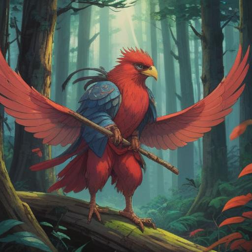 A serene illustration of a red tengu guiding a lucky item, mystical forest setting, ethereal light filtering through the trees, colorful mythical creatures in the background, focus on the tengu with its vibrant red color and traditional garments, detailed depiction of the lucky item glowing softly, enchanting atmosphere, 4k
