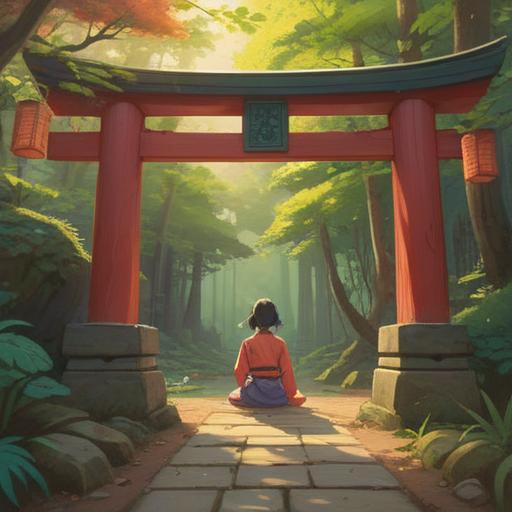 A serene illustration of a person meditating under a traditional Japanese torii gate, soft sunlight filtering through the trees, a gentle breeze rustling the leaves, vibrant red tengu silhouette in the background, symbolic presence of guidance, calming aura, peaceful environment, highly detailed, emotional depth, 4k