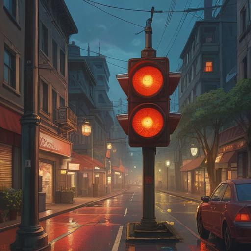 A spiritual and insightful illustration depicting a red traffic light, glowing softly in a serene setting, surrounded by calming nature elements, symbolic representations of positive change and patience, ethereal light beams shining down, serene color palette, peaceful atmosphere, inspiring imagery, 4k