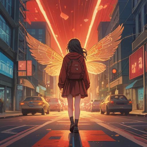 A thoughtful illustration depicting a person pausing at a red traffic light, ethereal light beams shining down, symbolic elements like feathers and butterflies, hinting at spiritual guidance, a calm and reflective atmosphere, urban setting with soft focus, 4k