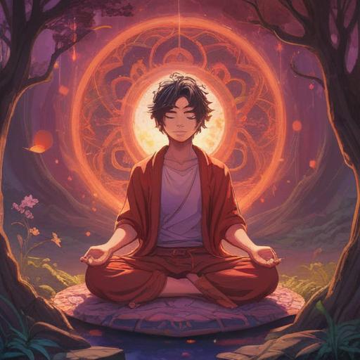 A mystical scene depicting a person meditating surrounded by a vibrant red-purple aura, glowing softly, serene expression, ethereal light radiating from the aura, nature elements like trees and flowers in the background, spiritual symbols subtly incorporated in the scenery, tranquil atmosphere, a sense of peace and enlightenment, 4k