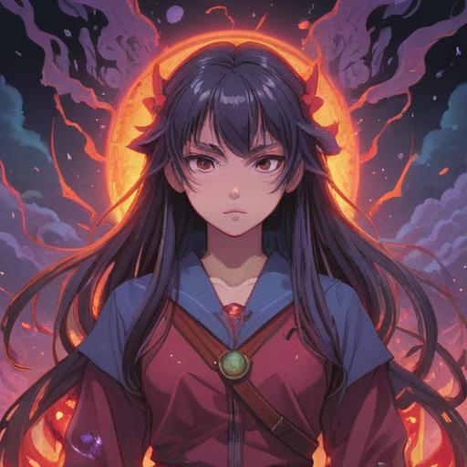 A mystical scene featuring a figure surrounded by a vibrant red-purple aura, conveying a sense of caution and awareness, ethereal light illuminating the surroundings, symbolic elements representing spiritual signs, a tranquil landscape with softly glowing flowers, a cosmic sky filled with stars, serene colors blending harmoniously, 4k