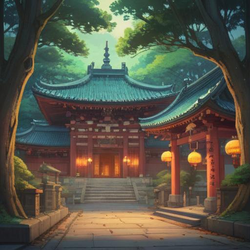 A serene illustration of Akasaka Hikawa Shrine, showcasing its spiritual significance, tranquil surroundings, ancient trees, vibrant vermilion torii gate, soft sunlight filtering through the leaves, peaceful atmosphere, visitors engaging in rituals, intricate details of shrine architecture, 4k