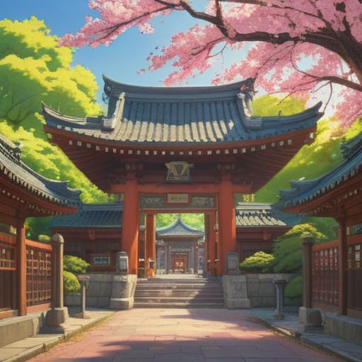A serene depiction of Akasaka Hikawa Shrine, spiritual symbols surrounding the shrine, cherry blossoms in full bloom, soft sunlight filtering through the trees, visitors offering prayers, calming atmosphere, rich cultural heritage, traditional architecture, vibrant greenery, tranquil reflection, 4k