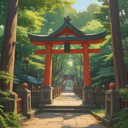 A serene scene at Akasaka Hikawa Shrine, lush greenery surrounding the shrine, ornate torii gate, soft sunlight filtering through the trees, spiritual symbols subtly integrated into the environment, visitors engaged in prayer and reflection, gentle breeze rustling leaves, calm atmosphere, 4k