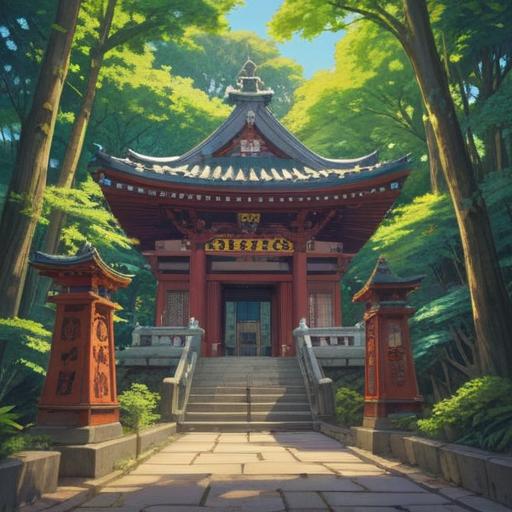 A serene scene of the Akasaka Hikawa Shrine, surrounded by lush greenery, a clear blue sky, warm sunlight filtering through the trees, a visitor holding a lucky charm, the charm shimmering with vibrant colors, traditional Japanese architecture in the background, peaceful atmosphere, cultural elements, 4k