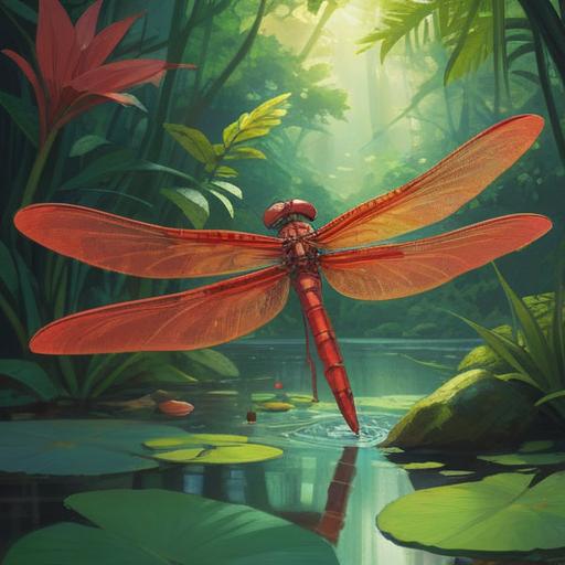 A vibrant illustration of a red dragonfly hovering over a tranquil pond, surrounded by lush greenery, soft sunlight filtering through the leaves, symbols of spirituality and good fortune, intricate details on the dragonfly's wings, a peaceful atmosphere, signs of positive energy and guidance, 4k