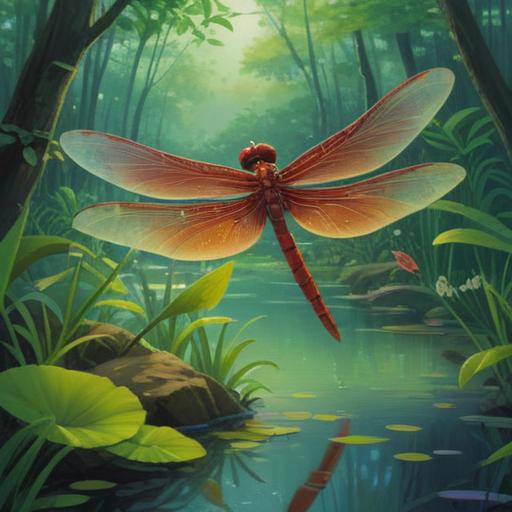 A serene nature scene, featuring a vibrant red dragonfly hovering above a tranquil pond, symbolizing spiritual awakening, lush greenery in the background, gentle sunlight filtering through the trees, a sense of peace and calm, elements of nature highlighting mindfulness, 4k