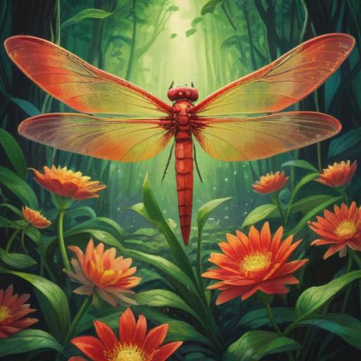 A serene nature scene featuring a red dragonfly perched on a vibrant flower, bright sunlight filtering through lush green leaves, symbolizing good luck, a sense of tranquility and harmony, delicate details in the dragonfly's wings, gentle ripples in a nearby pond, soft bokeh effect in the background, 4k