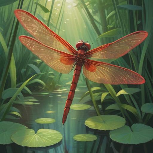A serene illustration of a red dragonfly hovering over a tranquil pond, symbolizing new beginnings, soft sunlight filtering through lush green leaves, gentle ripples in the water, vibrant red and green colors, reflective mood, delicate details in the dragonfly's wings, 4k