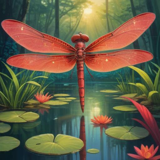 A serene illustration of a red dragonfly hovering above a tranquil pond, symbolic representation of transformation and change, vibrant red wings reflecting sunlight, surrounded by lush greenery and blooming lotus flowers, peaceful ambiance, ethereal glow, representing spirituality and connections to nature, 4k
