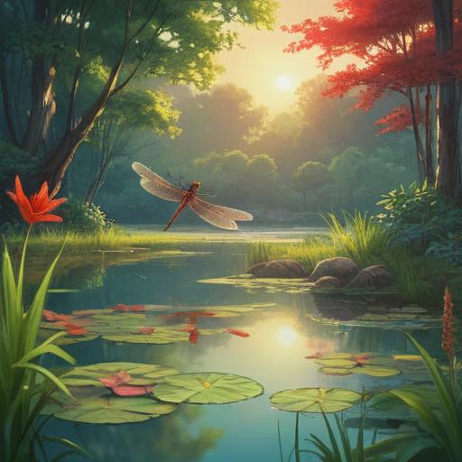 A serene landscape scene featuring a bright red dragonfly hovering above a tranquil pond, reflecting the sunlight, surrounded by lush greenery, representing spiritual awareness and messages, gentle ripples in the water, calm atmosphere, inviting nature, 4k