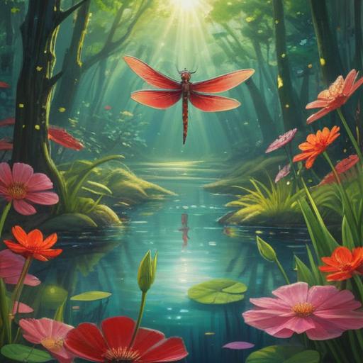 A serene landscape featuring a red dragonfly hovering above a shimmering pond, sunbeams filtering through the leaves of lush green trees, vibrant wildflowers in the foreground, a sense of tranquility and good fortune, gentle ripples in the water reflecting the sky, warm golden light, 4k