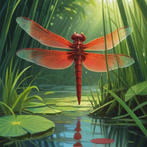 A vivid scene of a red dragonfly gracefully hovering above a tranquil pond, surrounded by lush green reeds, soft sunlight filtering through trees, reflective water surface capturing the dragonfly's vibrant colors, representing awareness and mindfulness, gentle breeze creating ripples in the water, serene atmosphere, nature-inspired realization, harmonious balance in nature, 4k