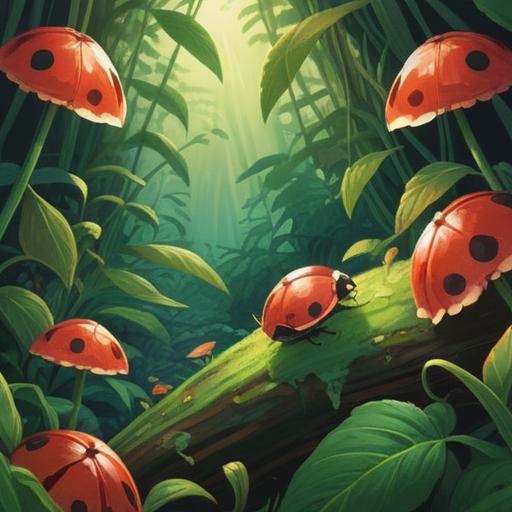 A vibrant illustration of a red ladybug, symbolizing spirituality and transformation, surrounded by lush green foliage, gentle sunlight filtering through the leaves, intricate details on the ladybug's wings, representing good luck and protection, serene atmosphere, harmonious colors, 4k