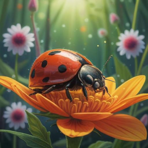 A vivid illustration of a red ladybug on a colorful flower, symbolic meaning of spiritual signs, nature-inspired setting, soft sunlight filtering through leaves, vibrant colors showcasing the essence of transformation, mystical atmosphere, harmonious interaction between the insect and its surroundings, detailed textures, 4k