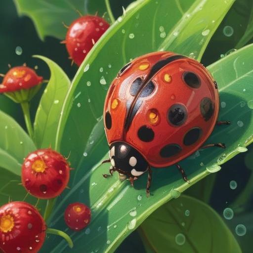 A bright red ladybug perched on a green leaf, symbolizing good luck, surrounded by blooming flowers, shimmering dewdrops, vibrant garden scene, soft sunlight filtering through leaves, enchanting atmosphere, detailed textures, 4k