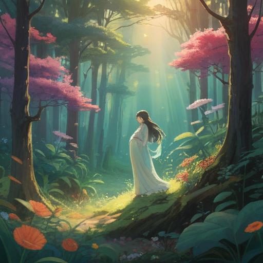 A serene and ethereal scene depicting a glowing aura surrounding a pregnant woman, soft light filtering through a tranquil forest, delicate flowers blooming at her feet, a sense of peace and joy in the air, symbols of love and fertility gently floating around her, warm color palette, dreamy atmosphere, 4k