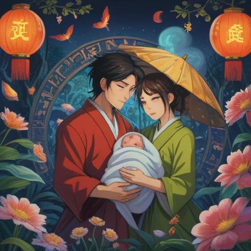 A whimsical illustration depicting a serene couple engaging in lucky actions to conceive a baby, vibrant symbols of good fortune surrounding them, such as four-leaf clovers and lucky charms, warm sunlight shining down, dreamy atmosphere of hope and joy, tender expressions on their faces, nurturing ambiance, 4k