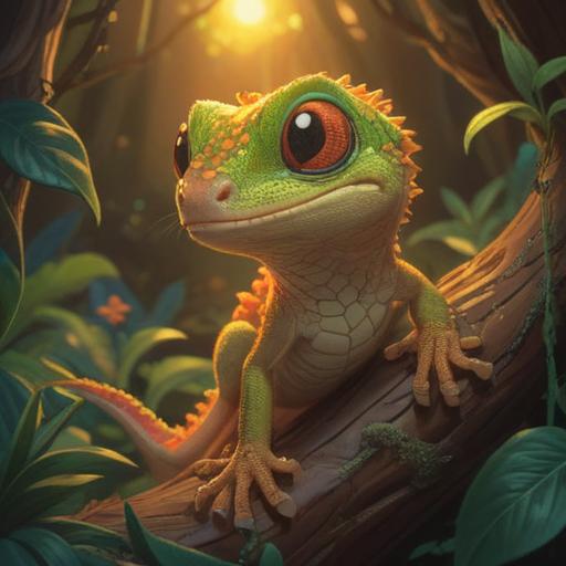 A serene and mystical scene featuring a baby gecko, gentle golden light illuminating its delicate form, surrounded by symbolic elements representing growth and transformation, lush greenery reflecting a sense of tranquility, ethereal aura, soft focus background, harmonious and peaceful atmosphere, 4k